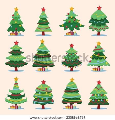 Set of Christmas trees. New Years and Xmas traditional symbol tree with Christmas ornaments, baubles, globes, star. Can be used for printed materials-posters, leaflets, business cards or for web.