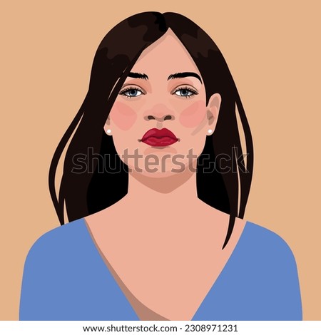 Beautiful girl with long hair in in a bare shoulder in a blue blouse. Avatar for a social network. fashion illustration isolated on background.