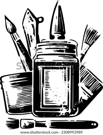 Art supplies logo, brush, jar, pen, sponge, spatula, engraved vintage style, logotype concept, old, icon, clip art, artistic academy school fine arts, isolated on white background