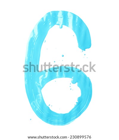 Number six digit character hand drawn with the oil paint brush strokes isolated over the white background