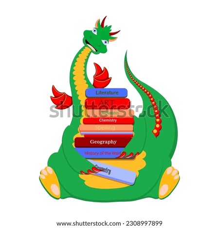 Funny dragon with books. Autumn dragon.Symbol of 2024.
