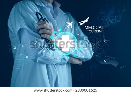Medical tourism concept, Health tourism and international medical travel insurance. Medical Hub. Healthcare and medicine on global network. health tourism international, life insurance throughout trip Royalty-Free Stock Photo #2309001625