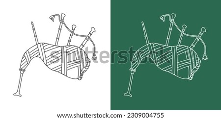 Bagpipes line drawing cartoon style. Musical instrument Scottish bagpipe clipart drawing in linear style isolated on white and chalkboard background. Musical instrument clipart concept