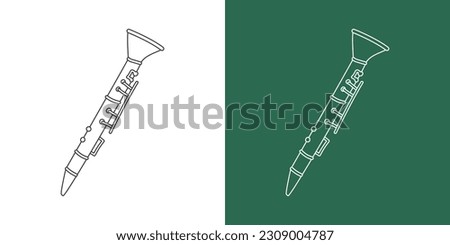 Clarinet line drawing cartoon style. Wind instrument clarinet clipart drawing in linear style isolated on white and chalkboard background. Musical instrument clipart concept, vector design