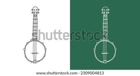 Banjo line drawing cartoon style. String instrument banjo clipart drawing in linear style isolated on white and chalkboard background. Musical instrument clipart concept, vector design