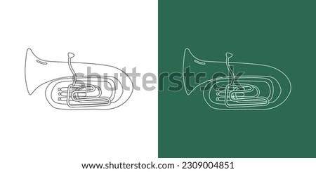 Tuba line drawing cartoon style. Brass instrument tuba clipart drawing in linear style isolated on white and chalkboard background. Musical wind instrument clipart concept, vector design