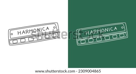 Harmonica line drawing cartoon style. Woodwind instrument harmonica clipart drawing in linear style isolated on white and chalkboard background. Musical instrument clipart concept, vector design