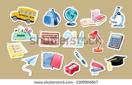 Adorable school supplies clipart cartoon stickers set. School bus, globe, books, abacus, sticky note, pen, notebook, sharpener stickers vector design. Back to school concept