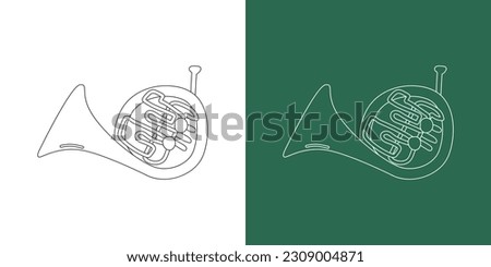 French horn line drawing cartoon style. Brass instrument French horn clipart drawing in linear style isolated on white and chalkboard background. Musical wind instrument clipart concept, vector design