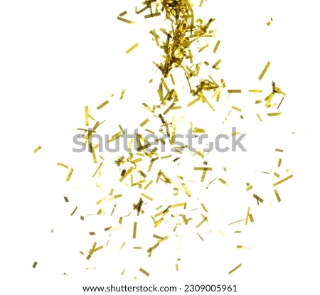 Golden Confetti Foil fall splashing in air. Gold Confetti Foil explosion flying, abstract cloud fly. Many Party glitter scatter in many group. White background isolated Royalty-Free Stock Photo #2309005961