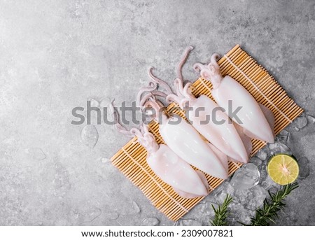 Fresh squid or raw squid on a wooden board Seafood menu on wooden background. Top view.