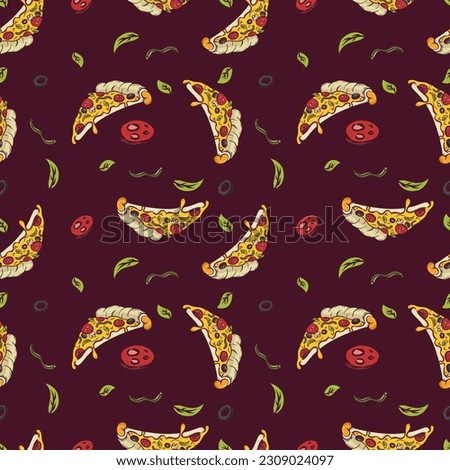 Set of seamless patterns of pizza slices with cheese, pepperoni, basil, mushroom, bell pepper and olives, ideal for food themed wallpapers and fabric prints Royalty-Free Stock Photo #2309024097