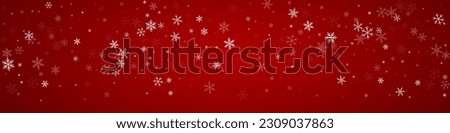 Snowfall overlay christmas background. Subtle flying snow flakes and stars on christmas red background. Festive snowfall overlay. Panoramic vector illustration.