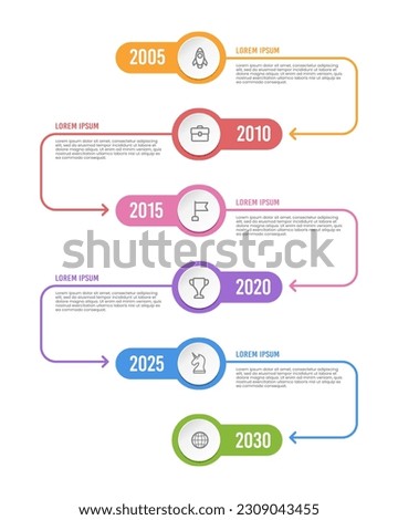Timeline vertical infographics template 6 years to success. Milestone, Anniversary, Annual report. Vector illustration. Royalty-Free Stock Photo #2309043455
