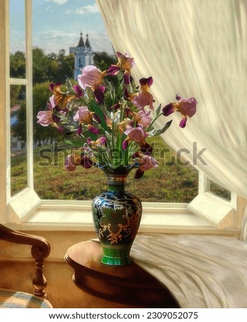 Still life with iris flowers in vase on table