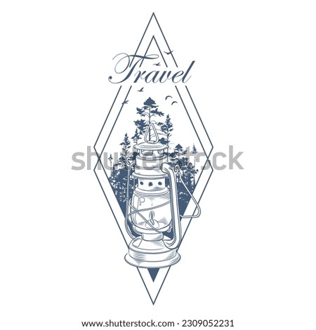 Hand drawn geometric travel badge with forest trees silhouette, kerosene lamp and lettering "Travel". Wanderlust. Vector isolated illustration for t-shirt design, posters, stickers, tatoo, logo