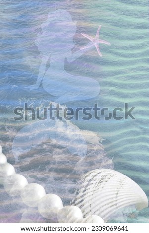 Mermaidcore aesthetics. Blue Mermaid silhouette , sea star on wavy sea background with seashell and pearls. Holographic background.