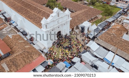 Aerial view of the church of Chichicastenango, Quiché, Guatemala on a beautiful and crowded day.