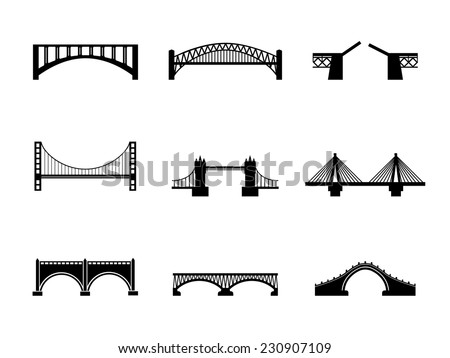 Set of nine vector bridge icons. Black and white transportation illustration isolated. Urban construction silhouettes Royalty-Free Stock Photo #230907109