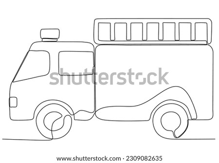 Single one line drawing of firetruck with rescue ladder and nozzle. Fire engine as firefighter apparatus isolated doodle minimal concept. Trendy continuous line draw design graphic vector illustration