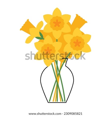 Bouquet of spring Narcissus in glass transparent vase, isolated on white background. Yellow flowers bouquet. Floral arrangement in minimalist style. Contemporary vector illustration.