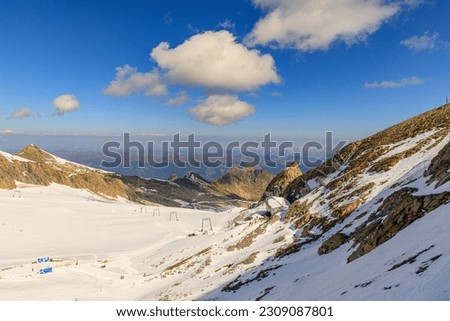 Panoramic view from the Kitzsteinhorn, a snowy mountain, gletsjer and ski area near Kaprun  in Salzburg, Austria