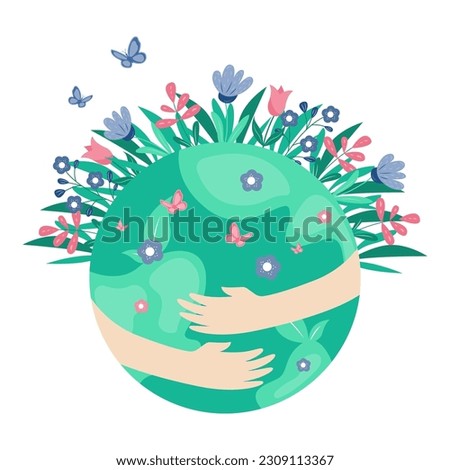 Save the planet, Earth hug drawing. Cute cartoon Earth Day vector clip art illustration.