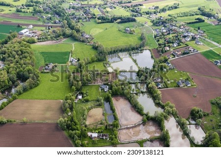 Drone view of fish ponds in Miedzyrzecze Gorne village, Silesia region of Poland