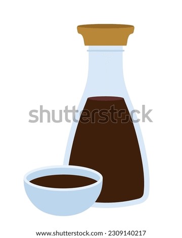 Soy sauce in a bottle and bowl. Traditional asian salty sauce. Vector illustration in flat cartoon style. Royalty-Free Stock Photo #2309140217