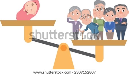 Aging illustration with a declining birthrate where the elderly and a baby are on a scale Royalty-Free Stock Photo #2309152807