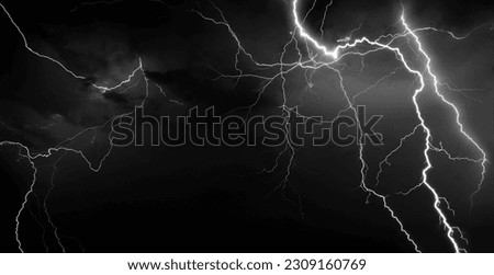 Panorama Dark cloud at evening sky with thunder bolt. Heavy storm bringing thunder, lightnings and rain in summer.Black and white thunderbolt background. Royalty-Free Stock Photo #2309160769