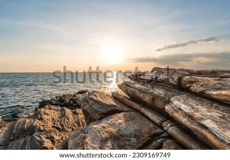 Seaside layered rock formation at coast of Khao Laem Ya National Park, Rayong, Thailand