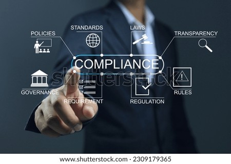 Compliance infographic building up or creating by businessman on the dark background. Concept of legal certification of different countries or procedures for import and export of goods.