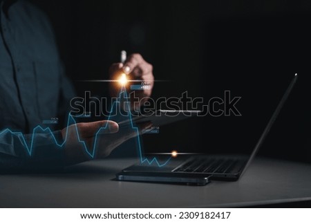 financial, finance, investment, chart, graph, invest, interface, indicator, rising, stock. drawing line to calculation indicator chart and graph is tools of investment. financial finance stock. Royalty-Free Stock Photo #2309182417