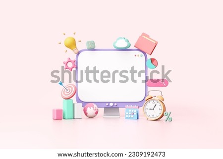 3D blank computer screen mockup with mini file folder, calendar, searching menu bar, globe, bar chart symbol on pink background. Online home and office working. Object clipping path. 3D Illustration.