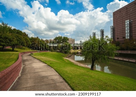 Cityscape view along the Buffalo Bayou near downtown Houston, Texas