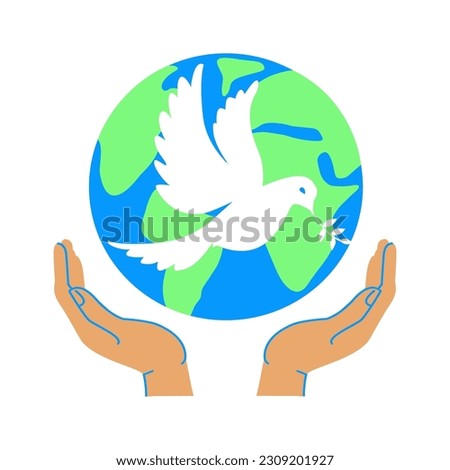 Dove of peace - a symbol of peace on earth.  Hands holding globe, earth.