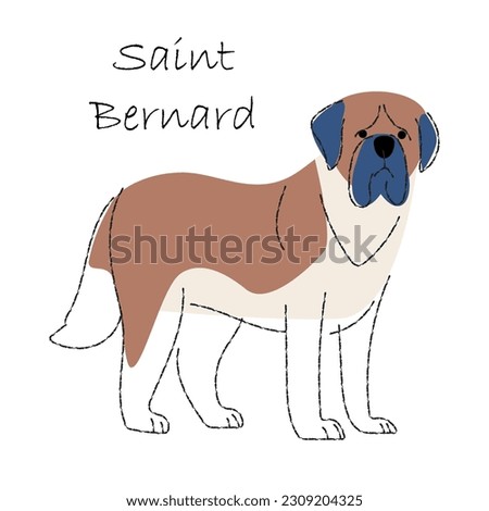 Saint Bernard . Cute dog cartoon characters . Flat shape and line stroke design . Vector illustration .