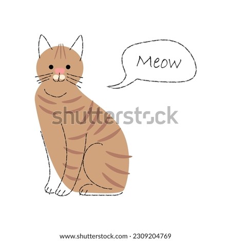 Brown tabby cat . Cute cartoon characters . Flat shape and line stroke design . Vector illustration .