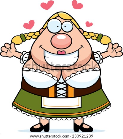 A cartoon illustration of a Oktoberfest woman ready to give a hug.