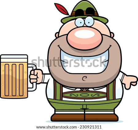 A cartoon illustration of a German man in lederhosen drinking beer.