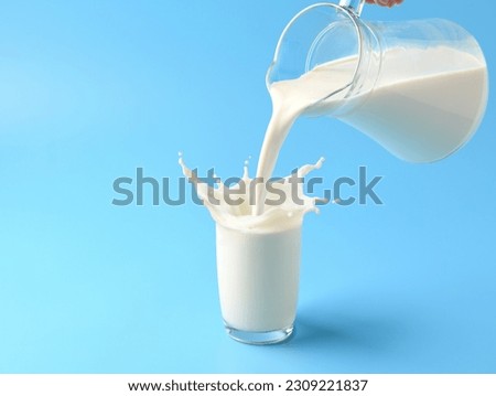 Pouring fresh milk into the glass with splashing on light blue background. Royalty-Free Stock Photo #2309221837