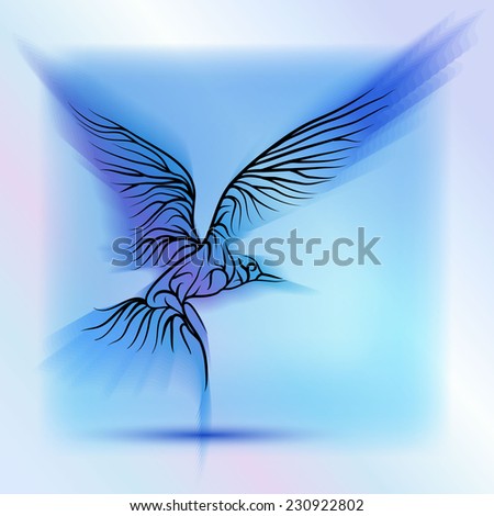Elegant decorative abstract bird in flight on a blue background.