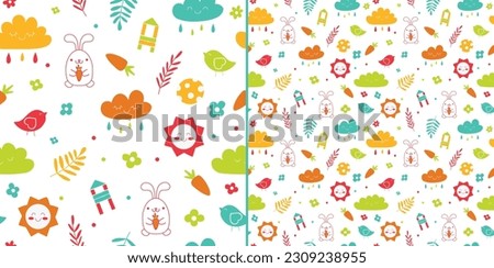 Summer bunny rabbit seamless pattern design with nature elements