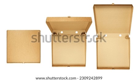 Pizza box, brown cardboard, isolated on white background, clipping path, full depth of field Royalty-Free Stock Photo #2309242899