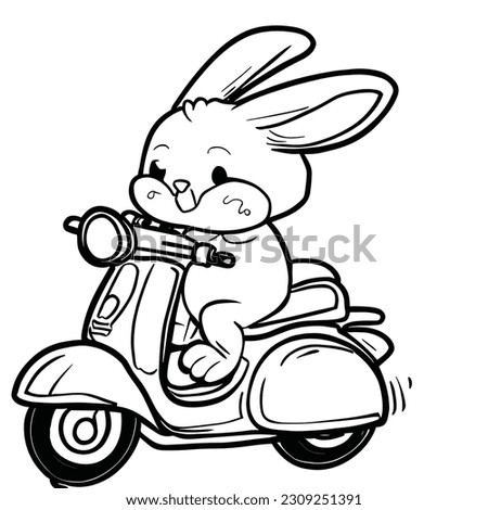 Happy rabbit riding a scooter. Coloring book.