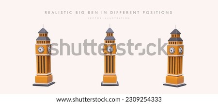 Collection of realistic Elizabeth Towers. 3D figurines of Big Ben with large clock. Architectural monument of London, view from different sides. Illustration for sites about England Royalty-Free Stock Photo #2309254333