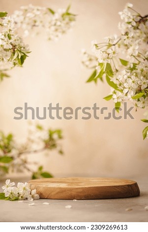 Geometric empty podium wooden platform stand for product presentation and spring flowering tree branch with white flowers on pastel beige background.