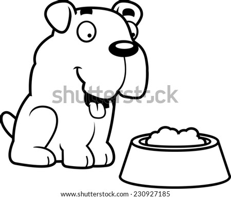 A cartoon illustration of a Bulldog with a bowl of food.