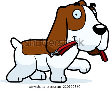 A cartoon illustration of a Basset Hound walking with a leash in his mouth.